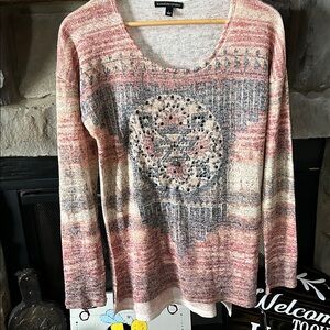 Signature Studio Pink and Gray Striped Knit Top with Beaded Medallion